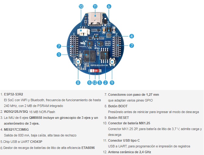 Placa de desarrollo ESP32-S3, procesador de doble núcleo LX7 de 32 bits, integra el chip controlador de pantalla GC9A01, con LCD redondo IPS de 1,28 pulgadas
