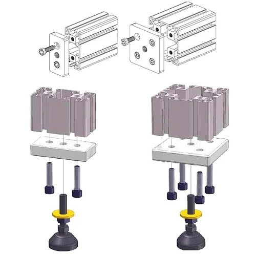 Unión para perfil de aluminio 4040 con anclaje para pata o rueda. M8. Negro