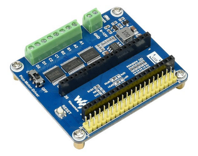 Módulo controlador de motor de corriente continua para Raspberry Pi Pico, capaz de controlar hasta 4 motores DC.