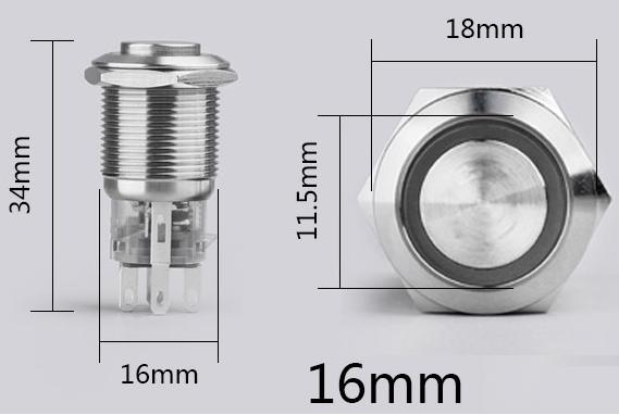 Suiche metálico pulsador momentáneo de 16mm para exterior con iluminación roja