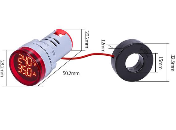 Voltímetro y Amperímetro de 20 a 380VAC 100A para 22mm con transformador-Azul
