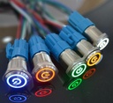 Suiche metálico pulsador self-lock de 16mm para exterior con iluminación azul con logo