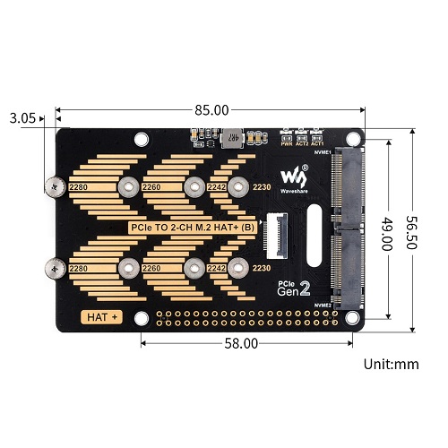 Adaptador PCIe a M.2 de 2 canales tipo B para Raspberry Pi 5, compatible con SSD M.2 con protocolo NVMe de tamaño 2280/2260/2242/2230