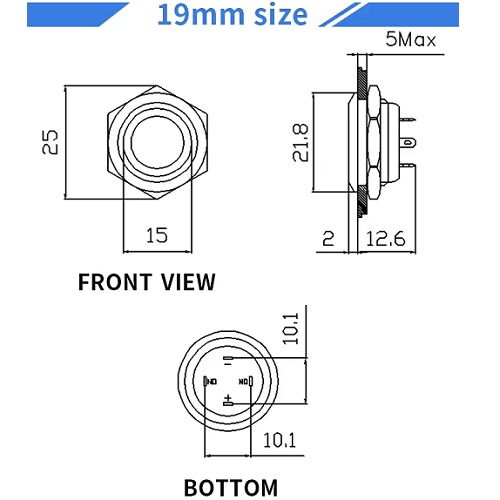 Suiche metálico 19mm para exteriores. Con aro de luz y logo power verde 3-6V