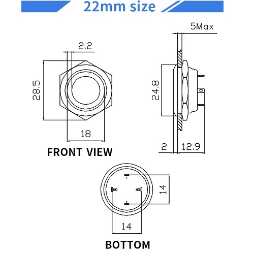 Suiche metálico 22mm para exteriores. Con aro de luz verde 3-6V