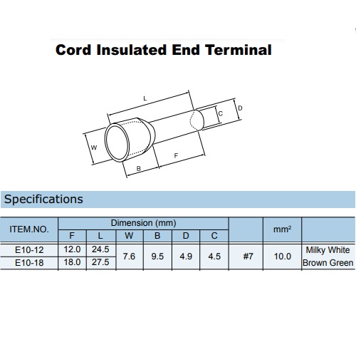 Terminal tubular aislado cafe 8 AWG largo 27.5mm