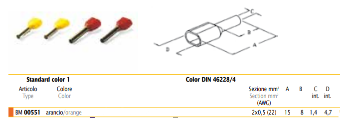 Terminal tubular aislada doble 2X22AWG - Color Naranja