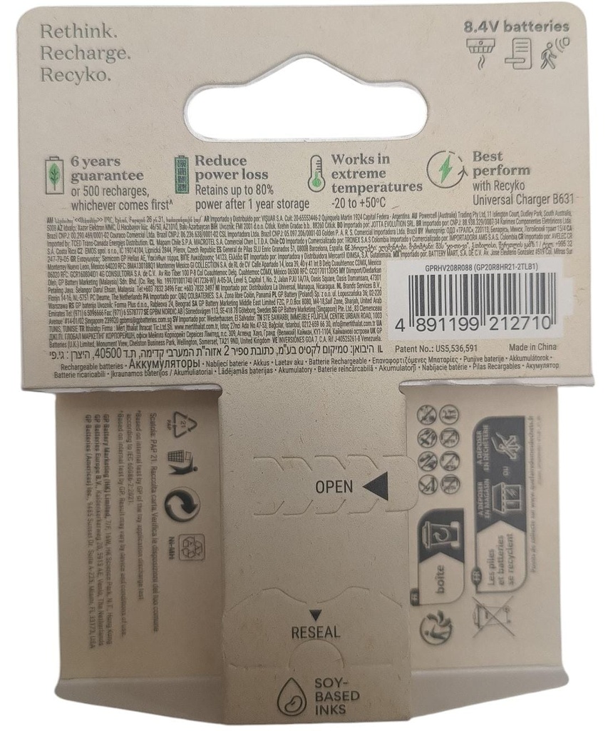 Batería cuadrada recargable 9V 200mAh GP