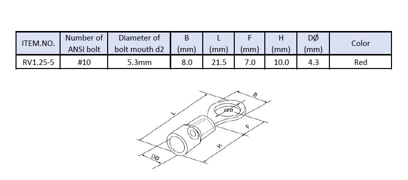 Terminl tipo anillo aislada 5.3mm AWG 22-16