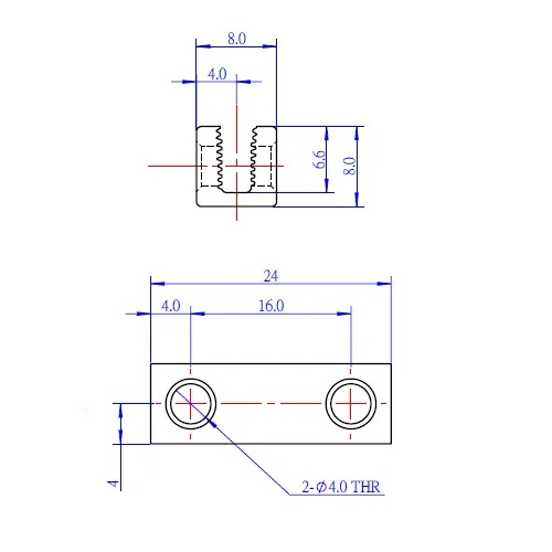 Viga de aluminio 2 agujeros. 24mm