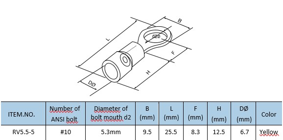 Terminal tipo anillo aislada para tornillo de 5mm-3/16" AWG 12-10