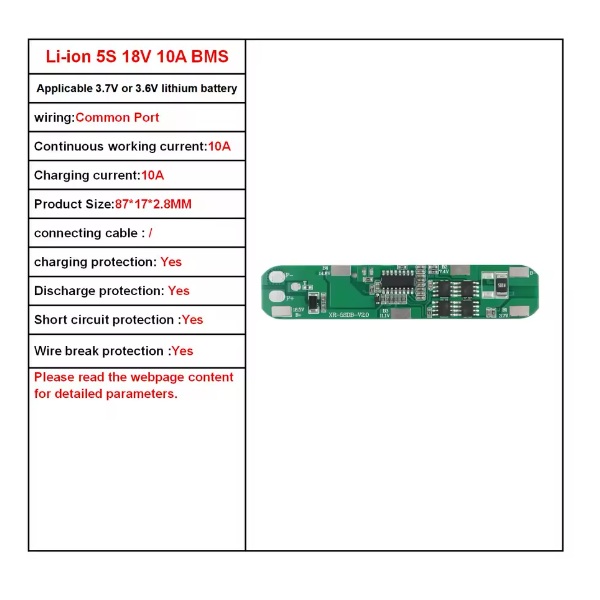 Placa de protección de carga BMS para batería 18650. 5S 10A