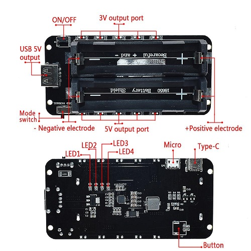 Shield para baterías 18650x2 V3. USB-C microUSB