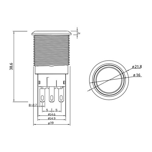 Botón pulsador metálico momentáneo 19mm. 12-24V, Azul