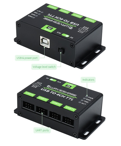 Convertidor industrial USB a UART TTL. 4 canales