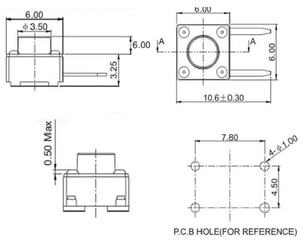 Pulsador 2 pines en L 6X6 - Pulsador 6mm de alto aprox