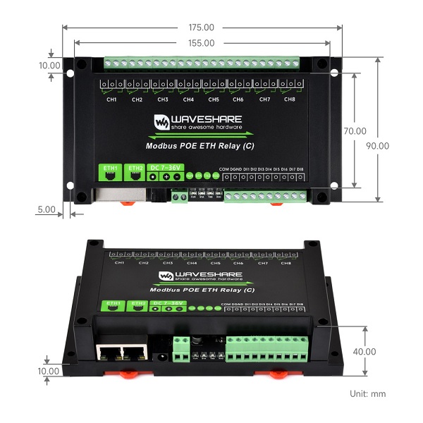 Módulo industrial 8 relés con doble Ethernet, Modbus RTU y PoE