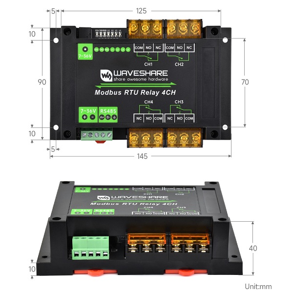 Módulo industrial 4 relés Modbus RTU con RS485, 30A