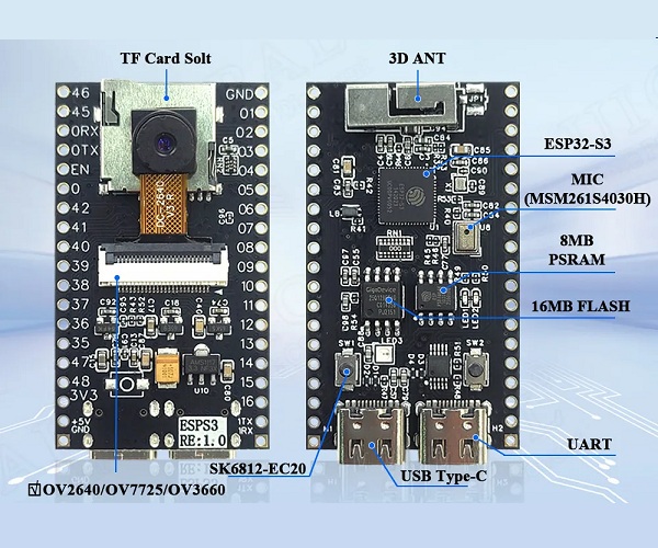 Módulo WiFi/Bluetooth ESP-32-S3 N16R8 con cámara OV2640 160°. USB tipo C