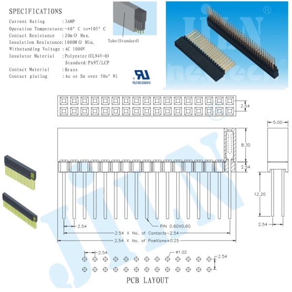 Header hembra 2x20. 2.54mm. H16/P3.0