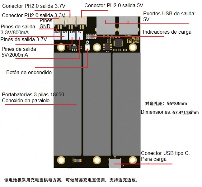 Módulo UPS de 3 baterías 18650. Con USB tipo C y 2 salidas USB