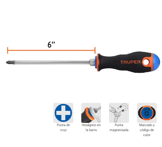 Destornillador estrella 1/4" x 6" mango Comfort Grip TRUPER