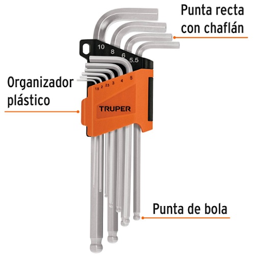 Juego 10 llaves allen largas mm punta bola con organizador. TRUPER