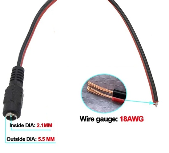 Cable de alimentación DC hembra. 5.5 x 2.1 mm. Negro. 25 cm