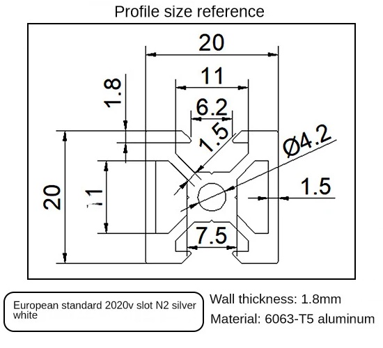 Perfil de aluminio 2020V-N2 para CNC. 1 metro