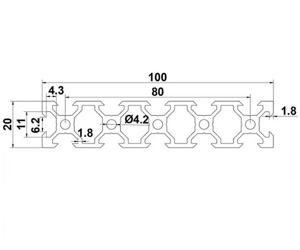 Perfil de aluminio 20100V para CNC. 1 metro