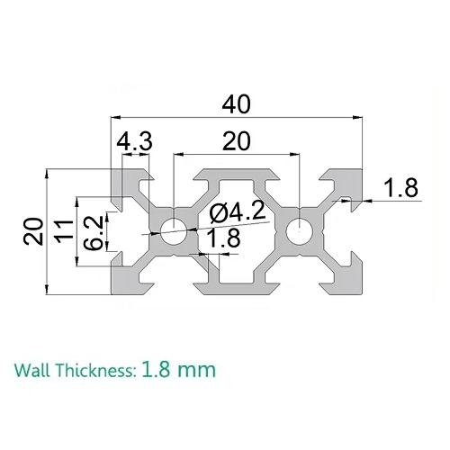 Perfil de aluminio 2040V para CNC. 2 metros