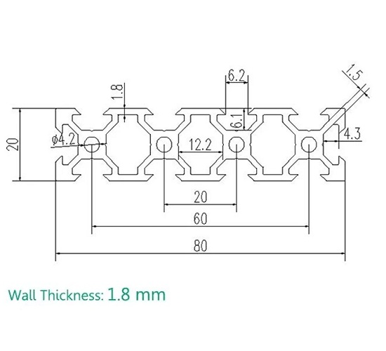 Perfil de aluminio 2080V para CNC. 2 metros