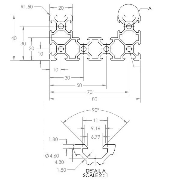 Perfil de aluminio 4080V C-BEAM para CNC. 2 metros