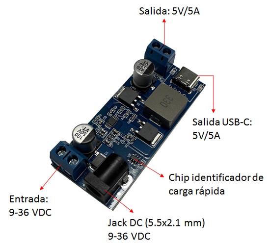 Fuente de alimentación step down 12/24V a 5V. USB tipo C