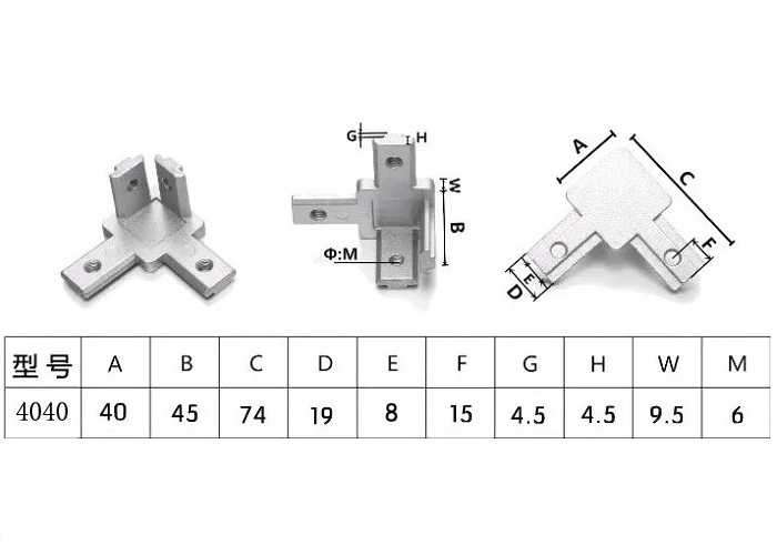 Conector para esquina para perfil 4040. Negro