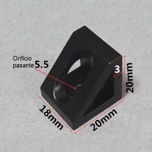 Conector de bloque triangular de ángulo recto, perfil 2020. 2 orificios. Negro