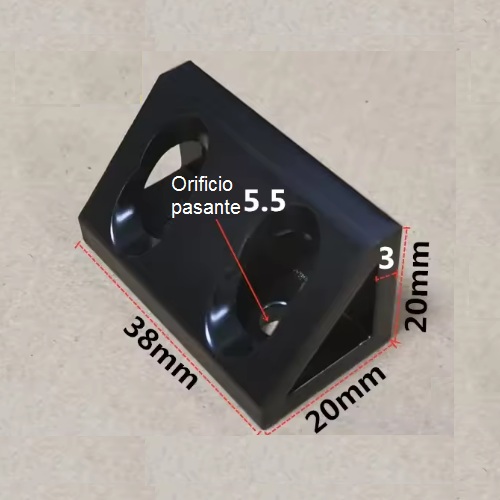 Conector de bloque triangular de ángulo recto, perfil 2040. 4 orificios. Negro