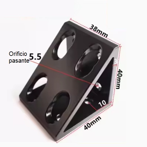 Conector de bloque triangular de ángulo recto, perfil 2040. 8 orificios. Negro