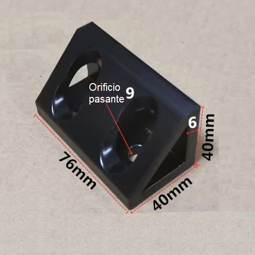Conector de bloque triangular de ángulo recto, perfil 4080. 4 orificios. Negro