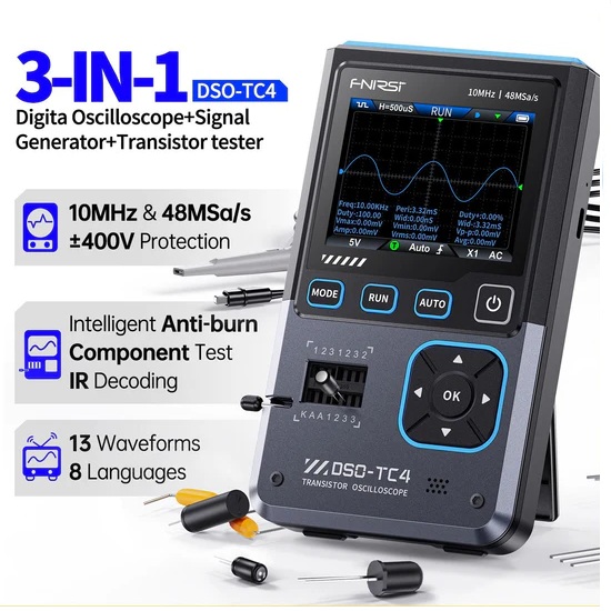 Osciloscopio digital 3 en 1. 10MHz 48MS/S. FNIRSI® DSO-TC4