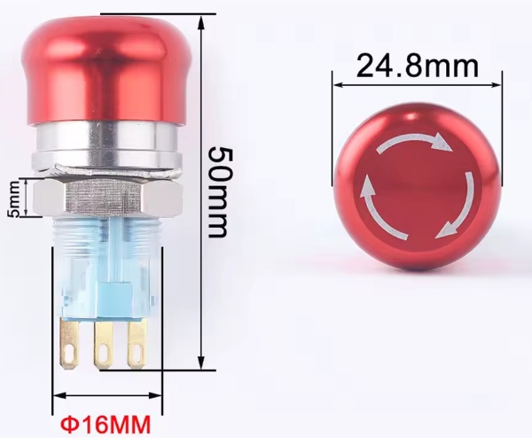 Botón pulsador de emergencia 16mm. 3 pines