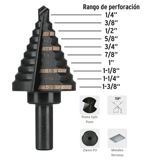 Broca Escalonada 1/4'' a 1.3/8'' de 10 Escalones Óxido Negro TRUPER