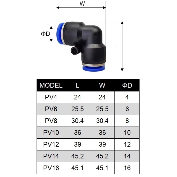 Acople rápido acodado para tubo de aire de 4mm. PV