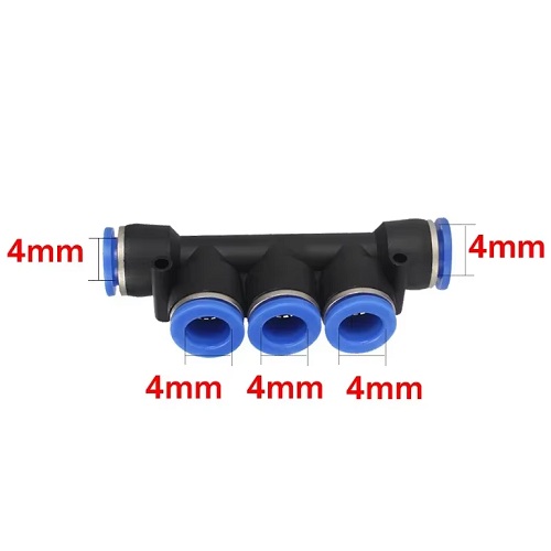 Acople rápido distribuidor de  5 vías para tubo de aire de 4mm. PE