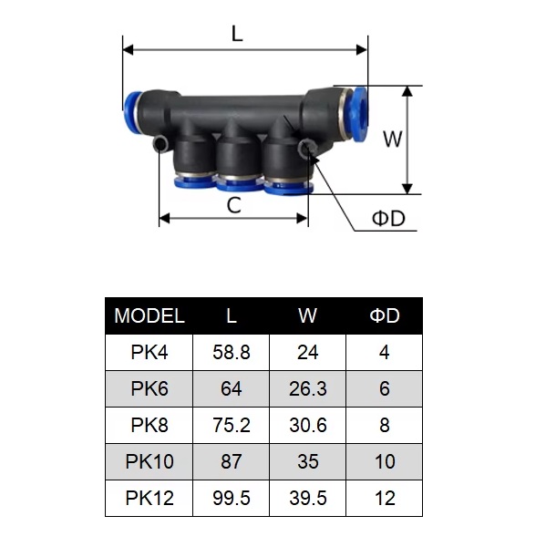 Acople rápido distribuidor de  5 vías para tubo de aire de 4mm. PE