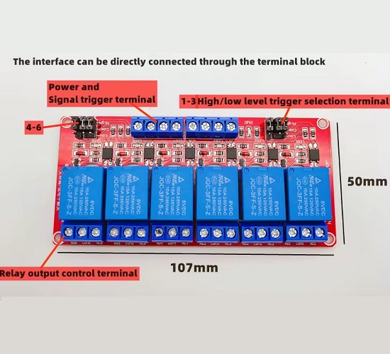 Tarjeta con 6 relés optocoplados 5V. Activación Alto/Bajo