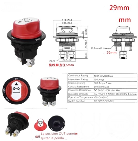 Switch de alta corriente para batería. 100A. Con cables