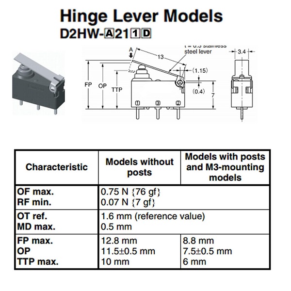 Micro switch impermeable. Palanca recta. D2HW-A201D