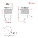 Suiche balancín metálico 3 pines 2 posiciones. Con logo, 12V, 16mm. Verde