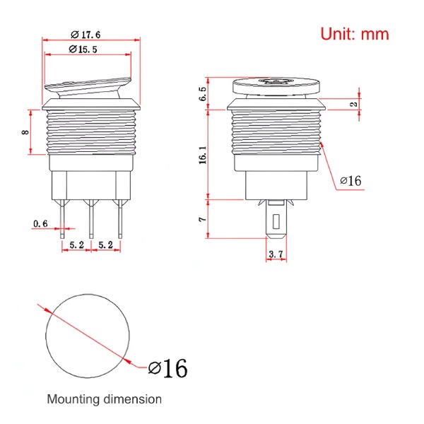 Suiche balancín metálico 3 pines 2 posiciones. Con logo, 220V, 16mm. Verde
